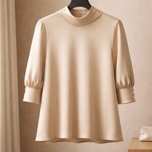 Elegant Cream Mock-Neck Puff Sleeve Blouse